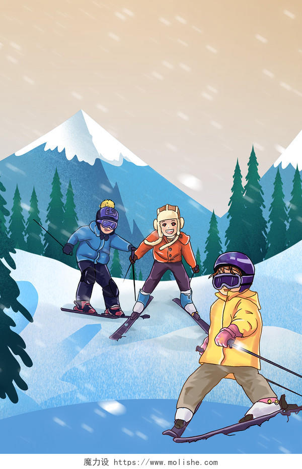 下雪孩子滑雪冬季寒冷雪景冬游冬令营海报背景寒假冬令营